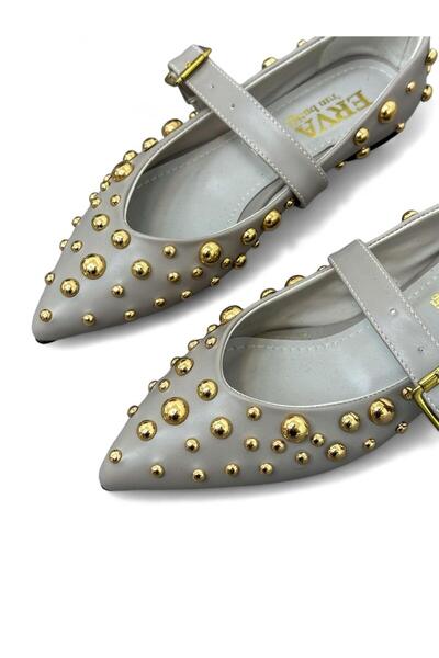 ERVANIN BUTİĞİ Gri Cilt (Grant) Zımba Detay Kadın Babet