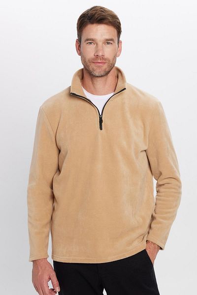 Tudors Unisex Standard Fit Anti-Pilling Non-Pilling Cold-Proof Beige Upright Bato Collar Fleece Sweatshirt