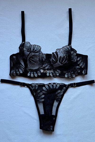 Rubuvi Alice Women's Floral Underwire Ruched Tulle Bralet Underwear Panties Bra Set Lingerie Set