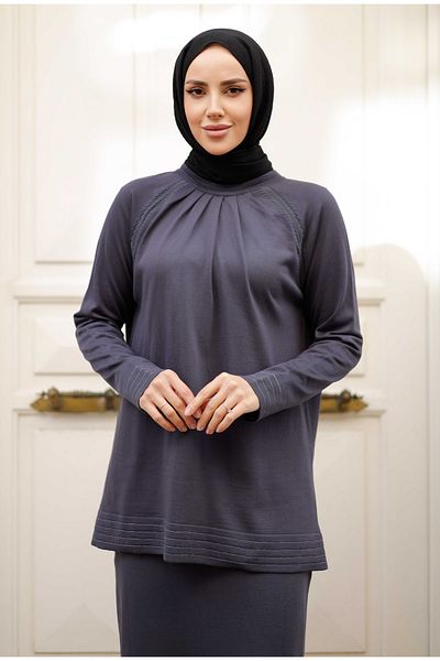 Pamuk Butik Women's Mercerized Pleated Skirt Double Knitwear Suit