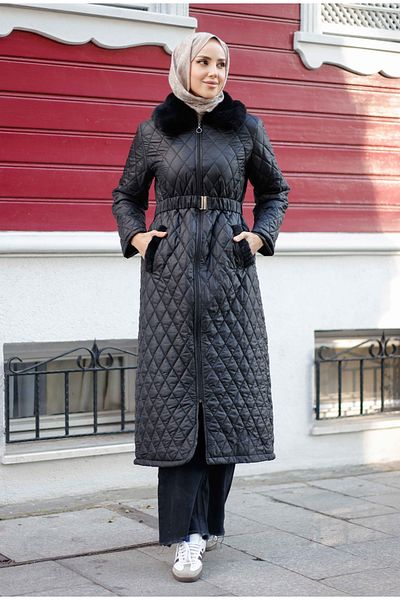 Pamuk Butik Γυναικείο γούνινο παλτό με λεπτομέρειες σε όλο το μήκος