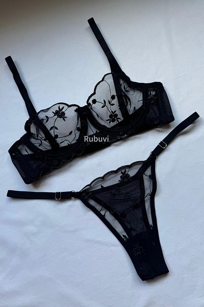 Rubuvi Lily Women's Black Floral Underwire Lace Dowry Underwear Bra Set Lingerie Set