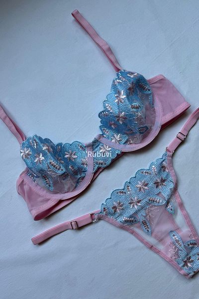 Rubuvi Lagos Women &Apos; S Pink Floral Print Lace Bralets, Underwire Panties and Bra Set