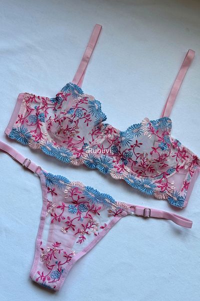 Rubuvi Katy Femei Floral Underwire Dantela See Through Tulle Bralet Lenjerie Chiloți Set Sutien Set Chiloți