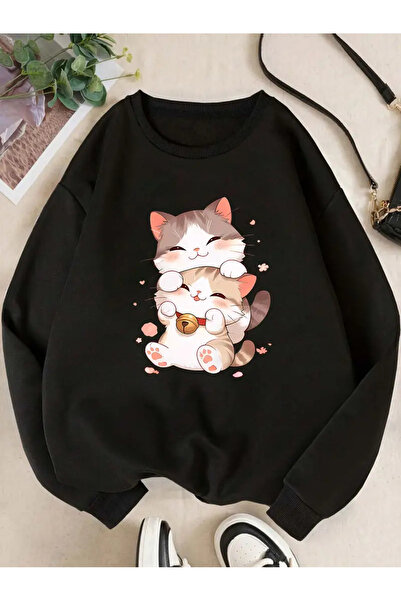 Pink Sky Удобен суитшърт с дълги ръкави с щампа и кръгло деколте, есен/зима