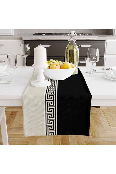 3D ELSE HALI Black and White Lock Patterned Printed Stain Resistant Laceless Decorative Runner Cover 40X140Cm