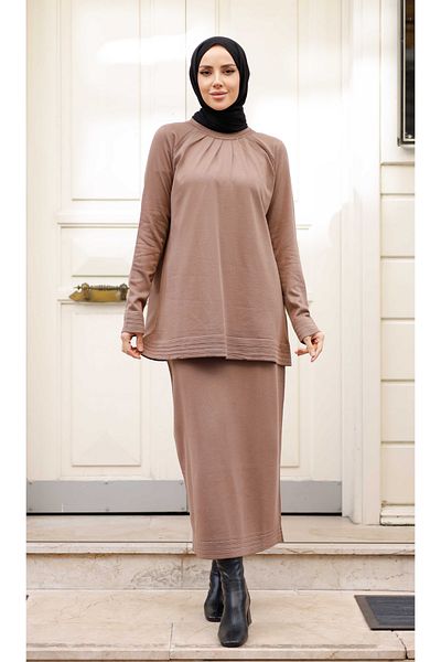 Pamuk Butik Women's Mercerized Pleated Skirt Double Knitwear Suit