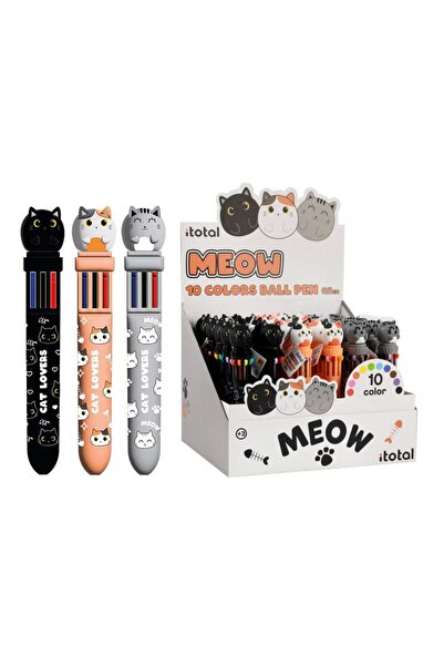 ITOTAL Pix multicolor cu mecanism retractabil, 10 culori, design pisicute