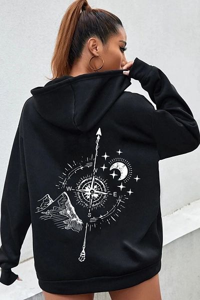 memowear Unisex Λεπτομερής Πυξίδα με στάμπα μαύρο φούτερ