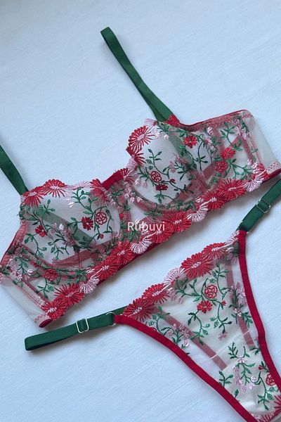 Rubuvi Katy Women's Floral Underwire Ruched Tulle Bralet Underwear Panty Bra Set Lingerie Set