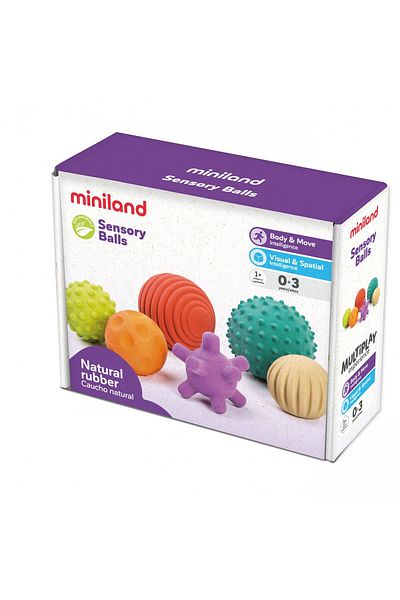 Miniland Set 6 mingi senzoriale din cauciuc natural ECO pentru bebelusi