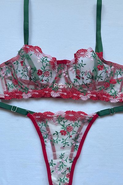 Rubuvi Katy Women's Floral Underwire Ruched Tulle Bralet Underwear Panty Bra Set Lingerie Set