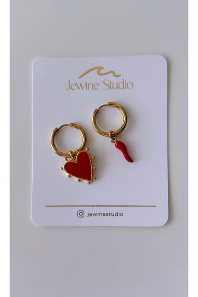 jewine studio Passion & Protection: Red Heart & Pepper Figured Steel Hoop Earrings