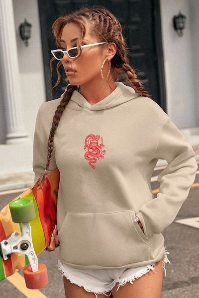 memowear Unisex Red Dragon εμπριμέ μπεζ φούτερ