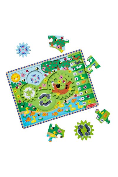 Melissa & Doug Dřevěné puzzle s ozubenými koly pro učení počítání hrou Šťastná zvířátka