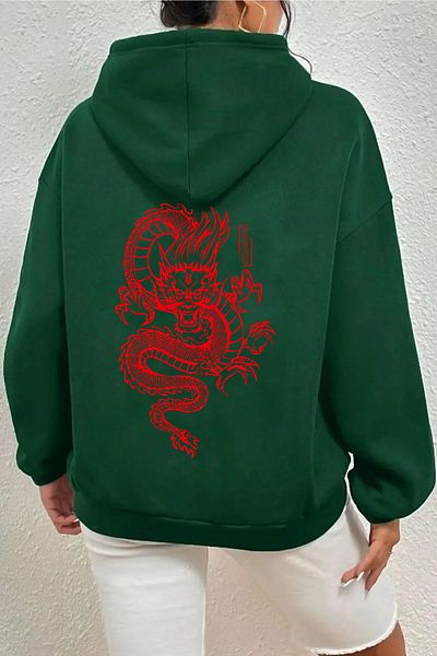 halowear Unisex Red Dragon printed πράσινο φούτερ