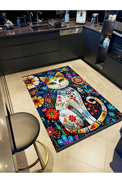Rugs Modern Halı Schwan Koleksiyonu Çok Renkli Beyaz Kedi ve Çiçek Figürleri ...