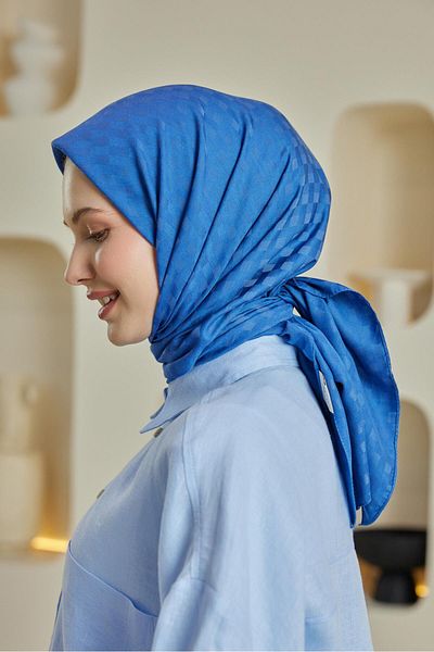 Şalland Indigo Jacquard Scarf - Checker Pattern