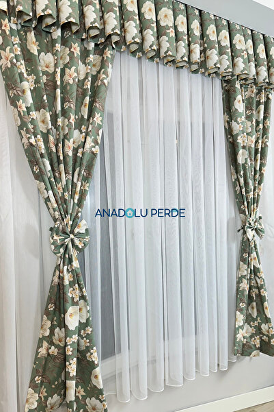 GLOMAR Mutfak Perdesi Sık Pile 1/3 Orkide Yeşil Zemin Farbelalı Korniş Kısa Fon Perde Modern