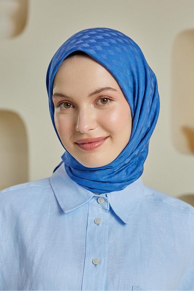 Şalland Indigo Jacquard Scarf - Checker Pattern