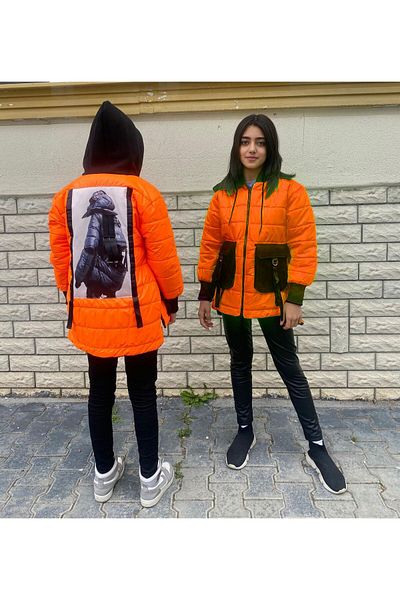 Mc Kids Orange Neon Printed Minigimin Cice Printed Coat