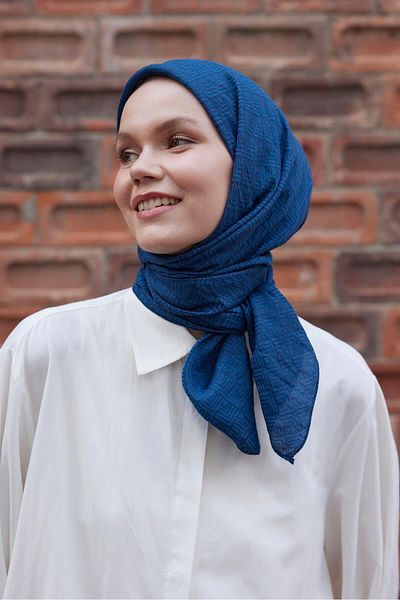 Şalland Night Blue Viscose Jacquard Frame Patterned Scarf
