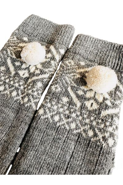 Yonca Butik Gray Pompom Knee Length Wool Socks