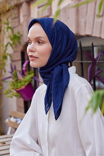 Şalland Navy Blue Viscose Jacquard Scarf