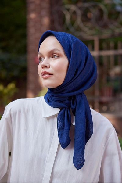Şalland Navy Blue Viscose Jacquard Scarf