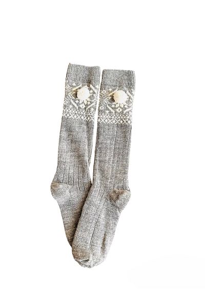 Yonca Butik Gray Pompom Knee Length Wool Socks