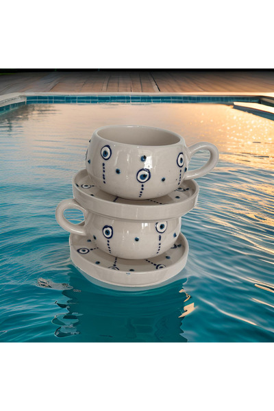 Çiporcal Beren Damla Nazar 2li Tabaklı Kupa Seti El Dekoru Mug Kupa Bardak