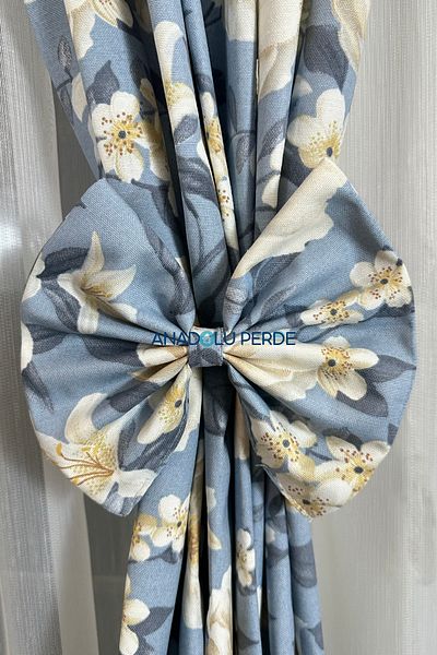 GLOMAR Orchid Blue Floor Farbela - Short Background Kitchen Curtain