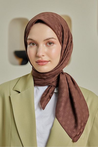 Şalland Checkerboard Pattern Jacquard Scarf Chocolate Coffee
