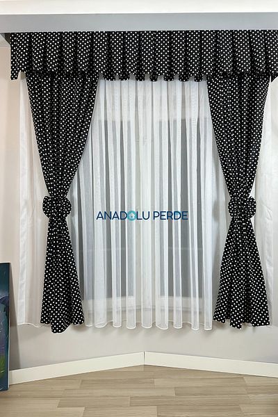 GLOMAR Black Polka Dot Detailed Kitchen Curtain - 1/3 Pleat, Cornish Short Background