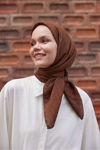 Şalland Brown Viscose Jacquard Patterned Scarf
