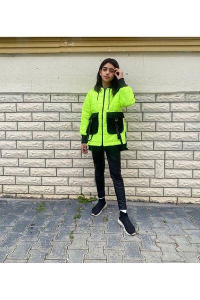 Mc Kids Green Neon Printed Minigim's Flowers Character Back Coat