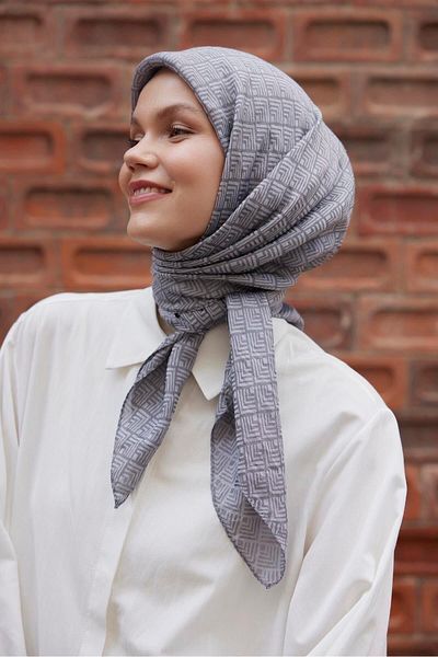 Şalland Gray Viscose Jacquard Frame Patterned Scarf