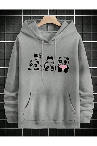Pink Sky 3 Cute Panda Front Printed Gray Oversize Hoodie Sweatshirt