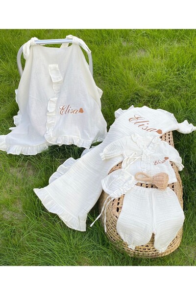 VolleM İsimli Nakışlı Müslin 5'li Hastane Çıkış Seti Isme Özel Müslin Battaniye İsimli Puset Örtüsü