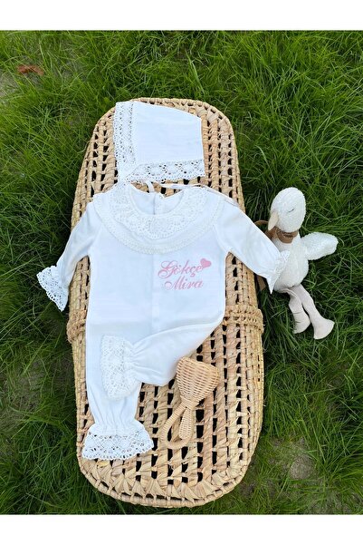 VolleM İsimli Yenidoğan Hastane Çıkışı Nakışlı Dantelli Bonet Tulum 2'li