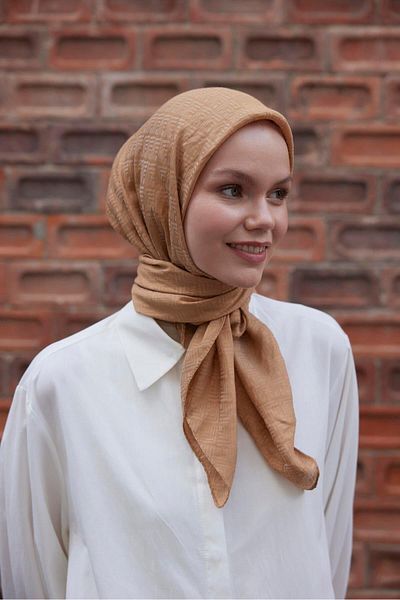 Şalland Camel Patterned Viscose Jacquard Frame Scarf