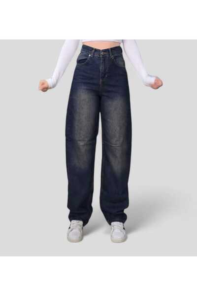 Livik Baggy Jeans Buckle Detailed Navy Blue Top Coffee Tint Chemical Super High Waist Lycra Free