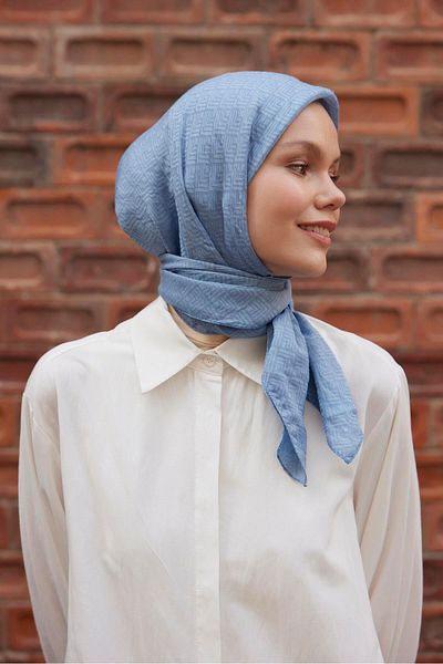 Şalland Baby Blue Viscose Jacquard Frame Patterned Scarf