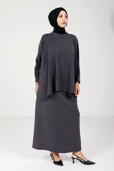 Beyza Gray Knitwear Hijab Skirt Tunic - 9093