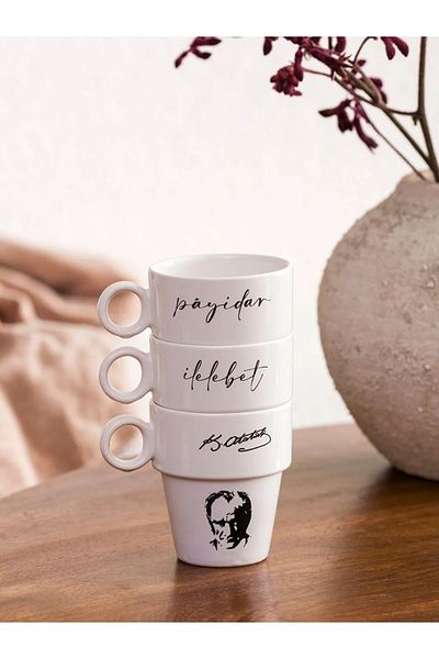 LC Waikiki Black Printed Ataturk Printed Ceramic Mug Set of 3