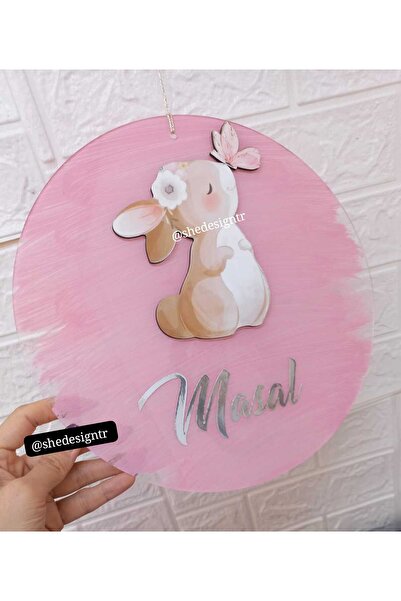s'he design organizasyon Kız Bebek İsmine Özel Hazırlanan Tavşanlı Şeffaf Pleksi Kapı Süsü