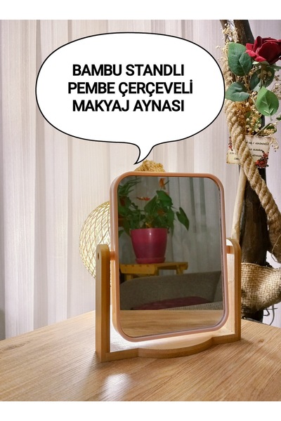 TARIK HOME Naturel Bambu Standlı Dikdörtgen Pembe Çerçeveli Makyaj Aynası 18x13