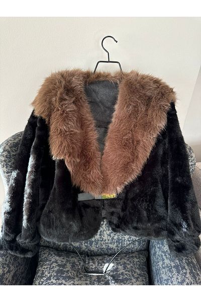 Natavanbutık Faux Brown Collar Black Coat