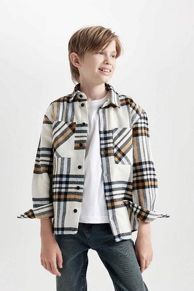 DeFacto Koszula chłopięca z golfem i oversize - flanelowa kieszeń, kratka, długi rękaw D6686A824Wn