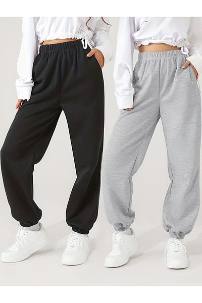 FİTGO Women's Black Gray Elastic Leg Jogger Ultra Sweatpants Pack of 2